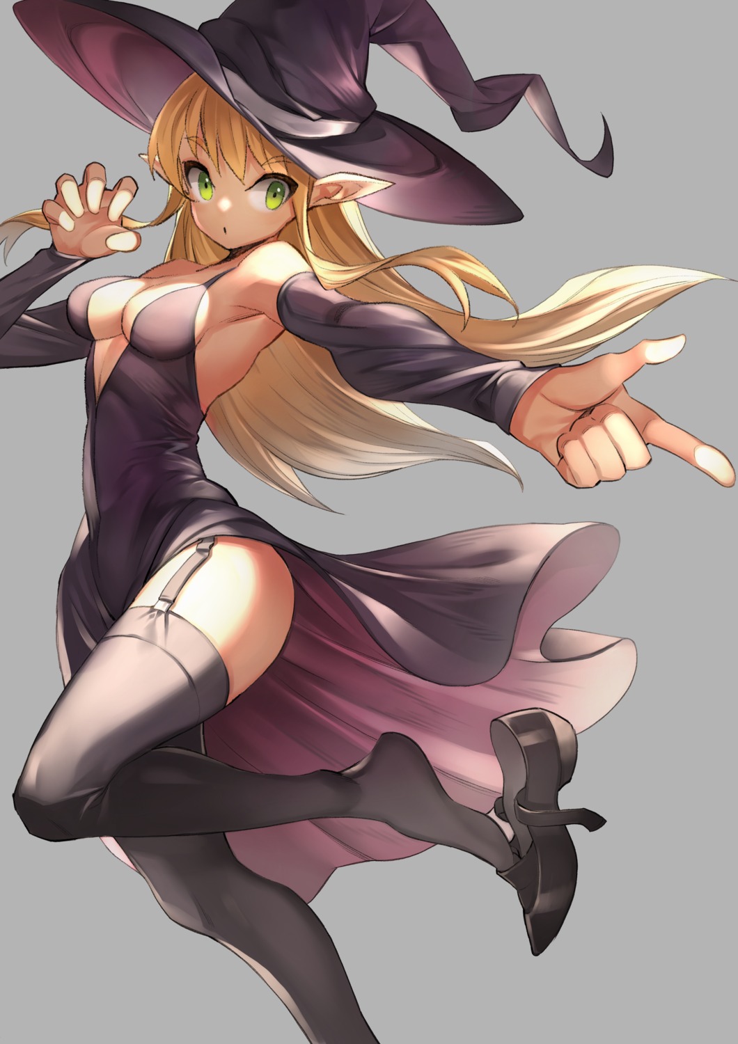 dress fish_bread no_bra pointy_ears skirt_lift stockings thighhighs witch