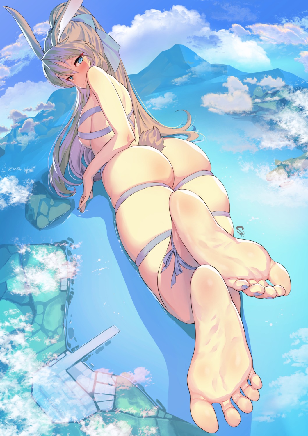 animal_ears ass bunny_ears feet naked_ribbon suerte tail