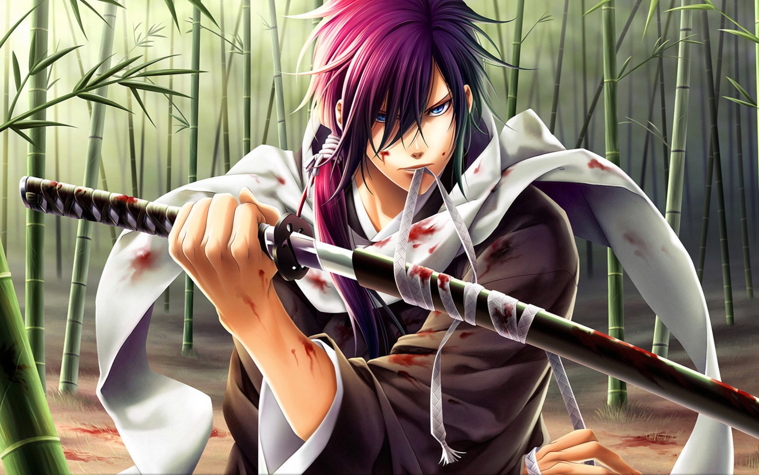 blood hakuouki japanese_clothes male missnisya saitou_hajime saitou_hajime_(hakuouki) sword