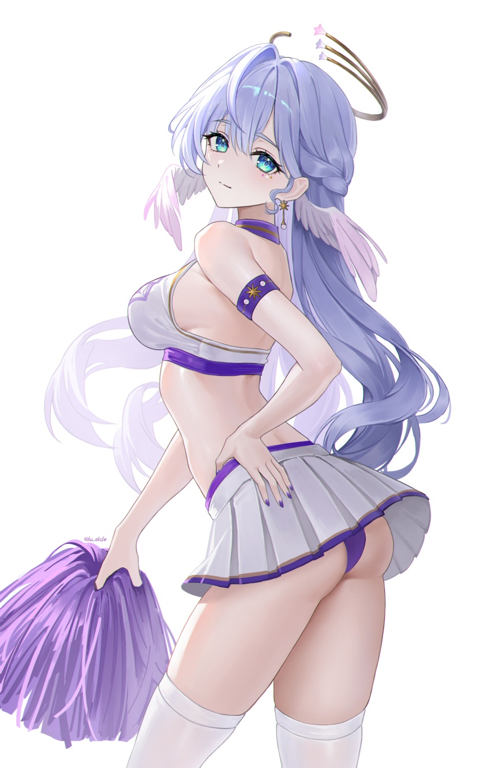 ass cheerleader halo honkai:_star_rail pantsu robin sicle skirt_lift thighhighs thong wings