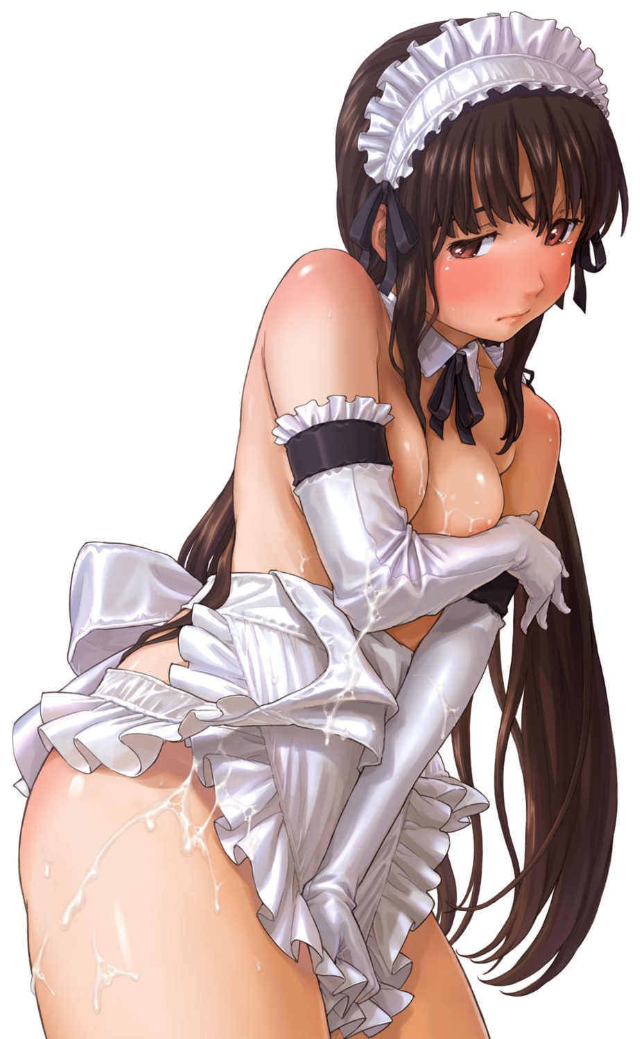 areola breast_hold cum digital_version maid naked_apron naruko_hanaharu