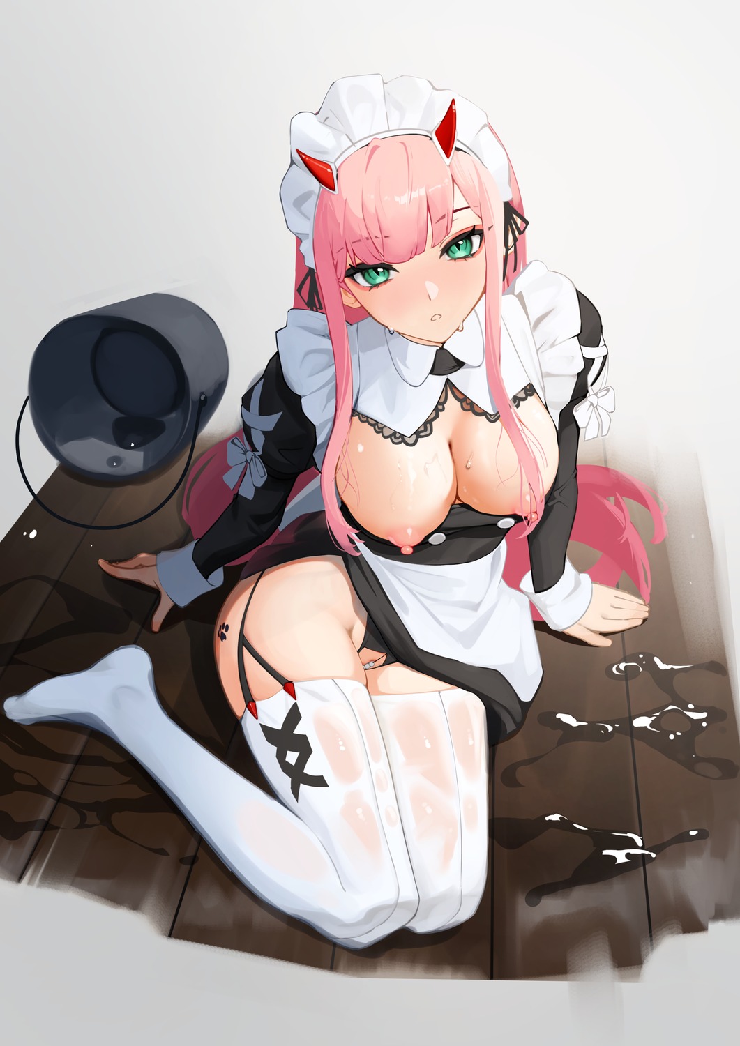 breasts darling_in_the_franxx ett horns maid nipples no_bra open_shirt pantsu see_through skirt_lift stockings thighhighs thong wet zero_two_(darling_in_the_franxx)