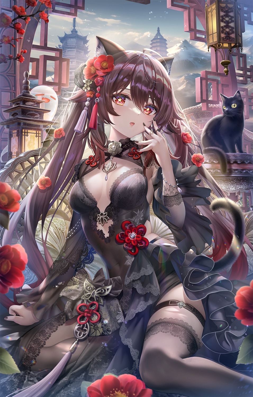 animal_ears dress garter genshin_impact hu_tao neko nekomimi no_bra see_through thighhighs torino_akua