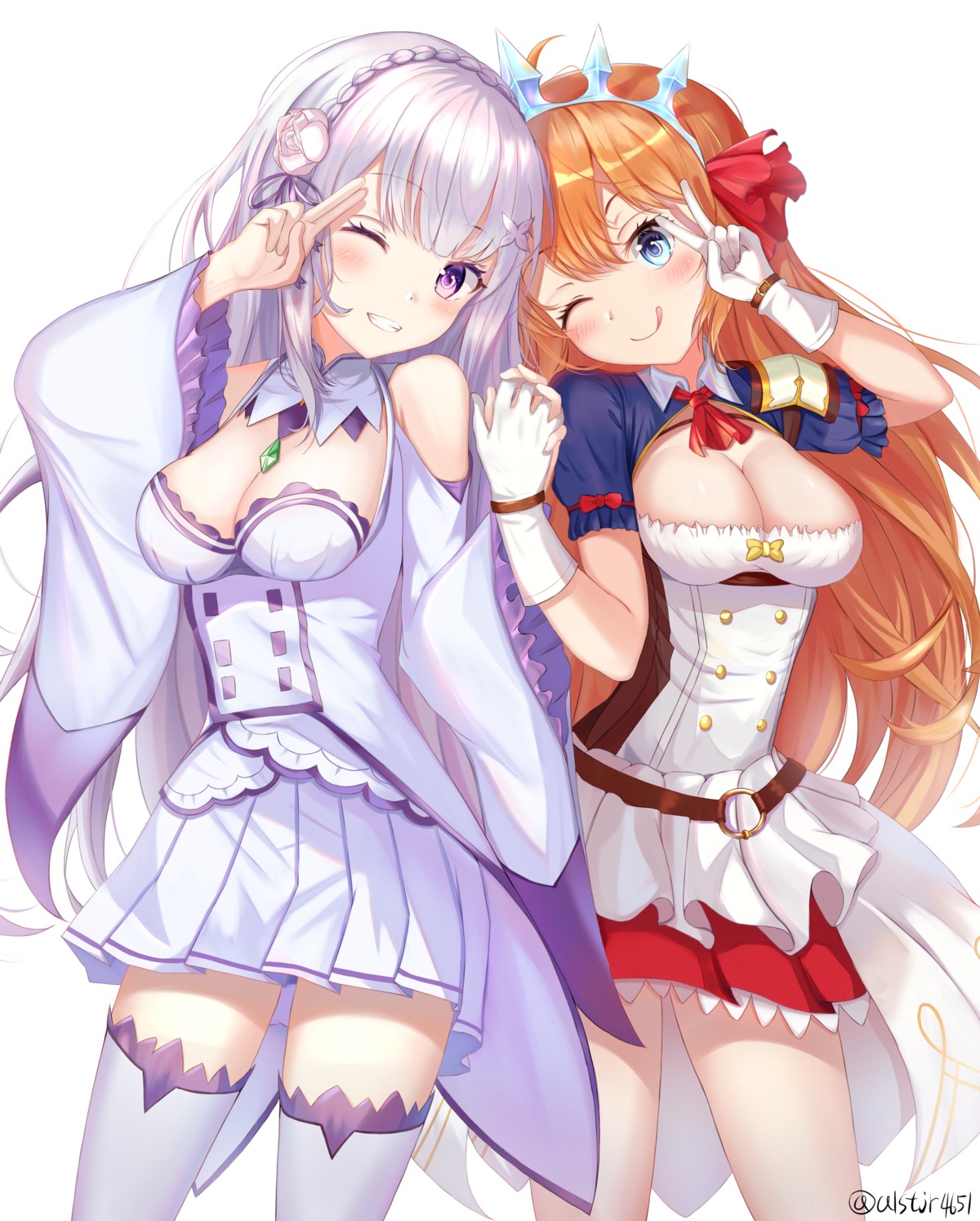 cleavage crossover emilia_(re_zero) no_bra pecorine princess_connect! princess_connect!_re:dive re_zero_kara_hajimeru_isekai_seikatsu thighhighs zeroillya