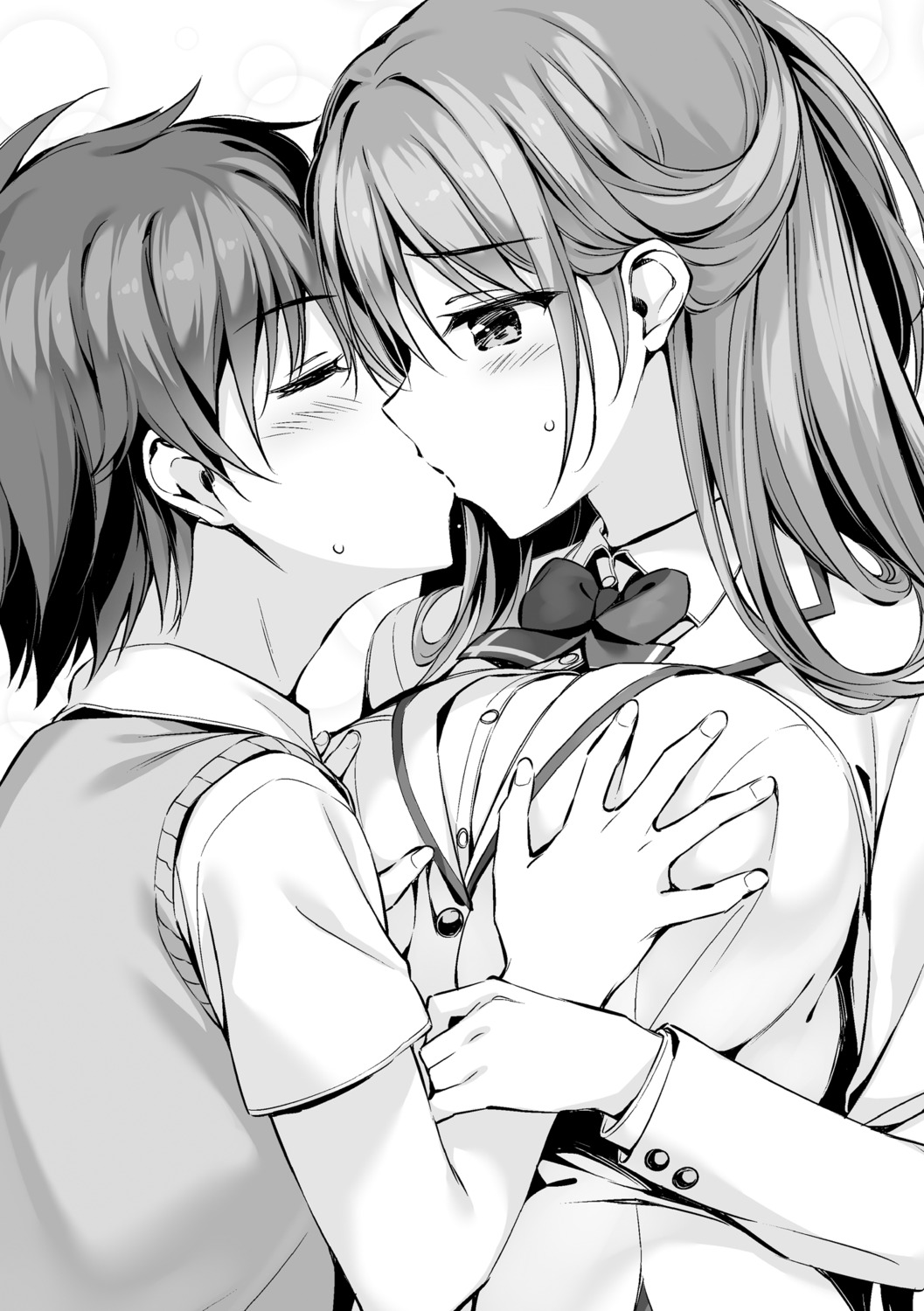 boku_no_kanojo_sensei breast_grab fujiki_maka monochrome oryou saigi_makoto seifuku sweater