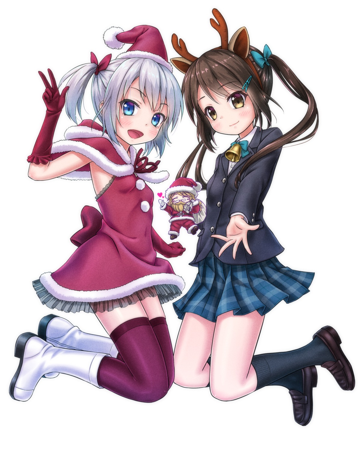 animal_ears christmas dress gotou_hisashi horns seifuku thighhighs