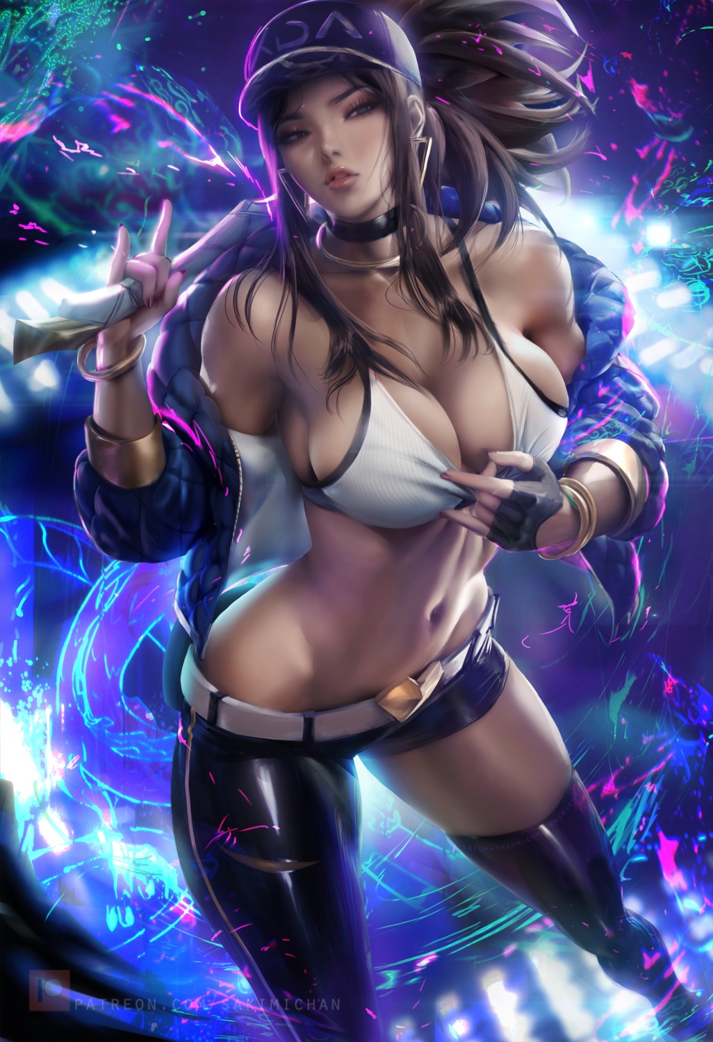 akali bikini_top cleavage league_of_legends open_shirt sakimichan swimsuits thighhighs