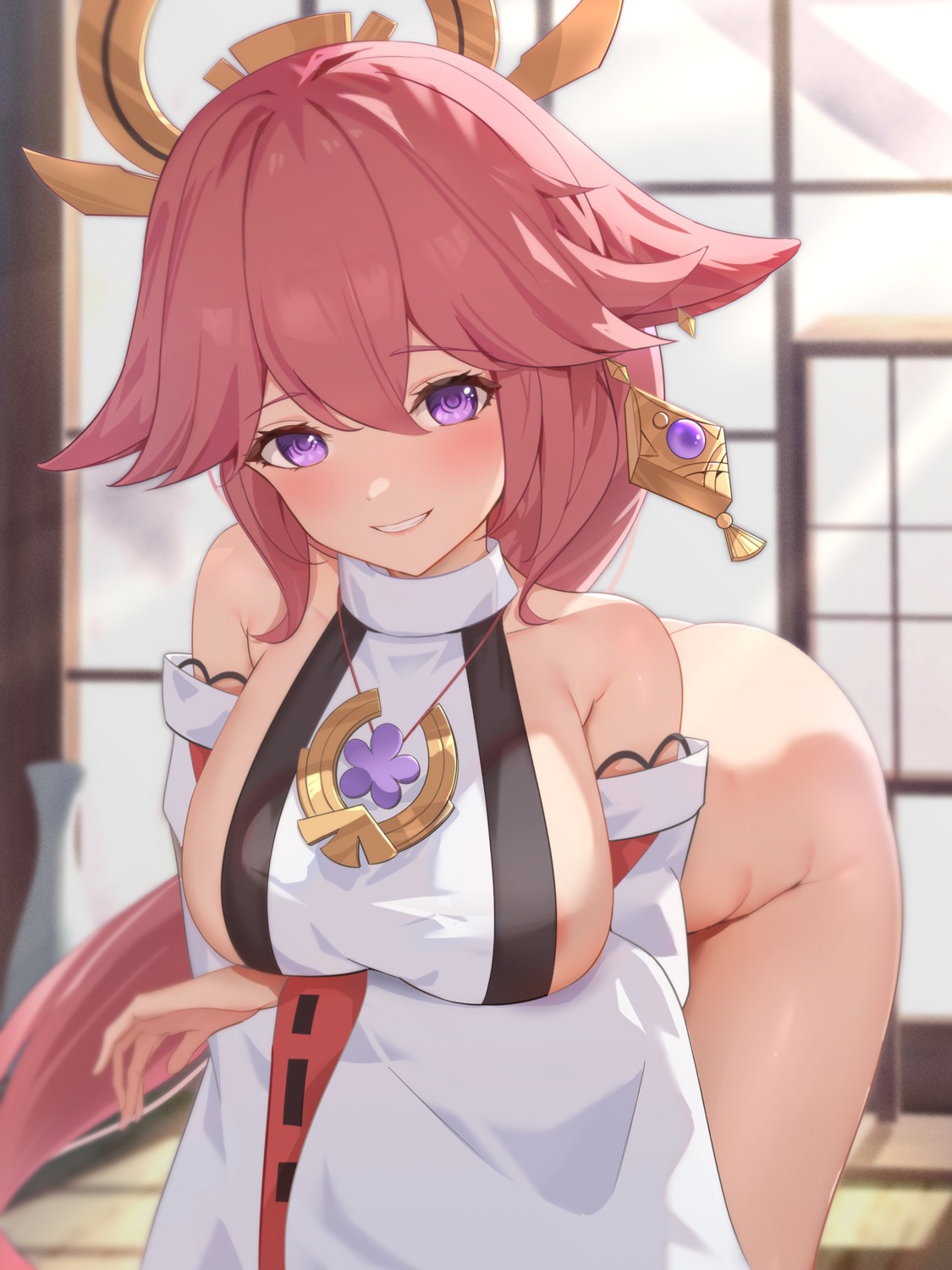 animal_ears bottomless genshin_impact japanese_clothes kitsune no_bra tokutokenzen yae_miko