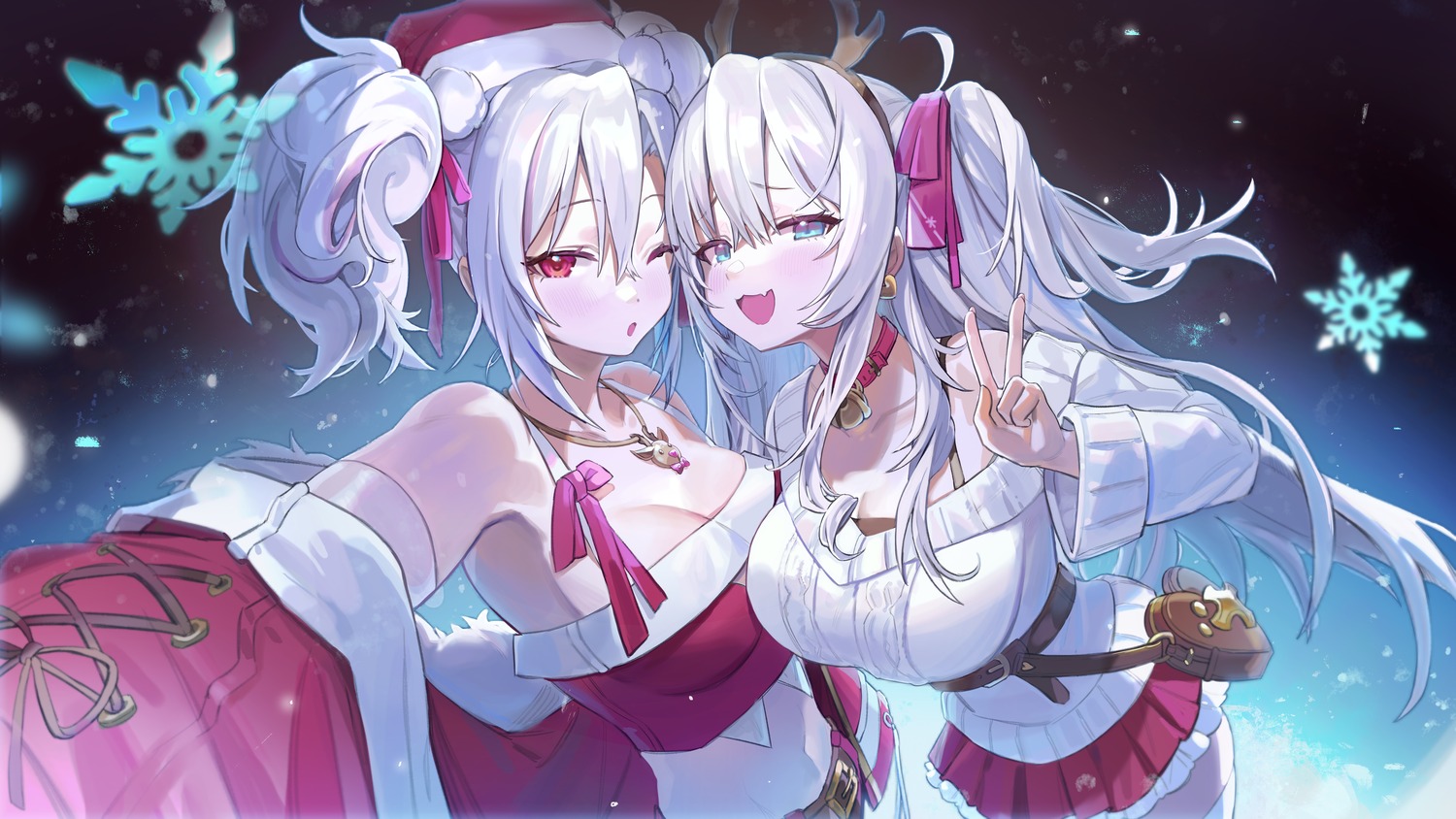 azur_lane christmas cleavage elbe_(azur_lane) freng horns no_bra prinz_adalbert_(azur_lane) selfie sweater thighhighs