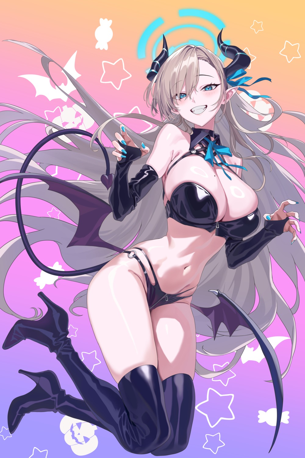 blue_archive devil halloween halo heels hidis0086 horns ichinose_asuna no_bra pantsu pointy_ears tail thighhighs wings