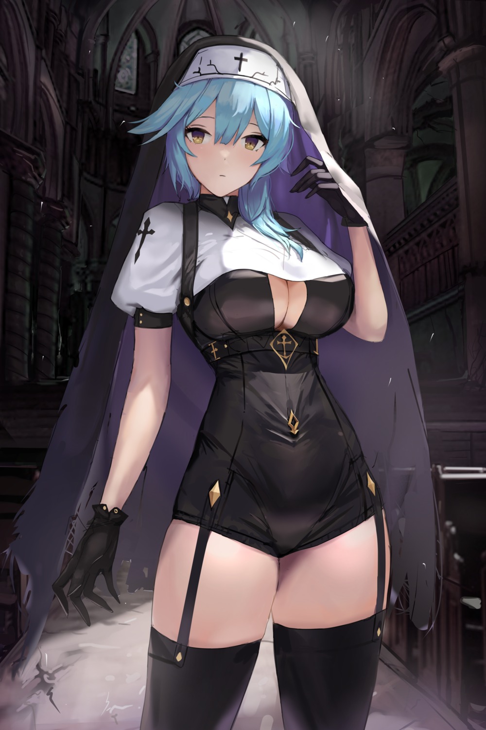 cleavage dolri eula genshin_impact no_bra nun stockings thighhighs