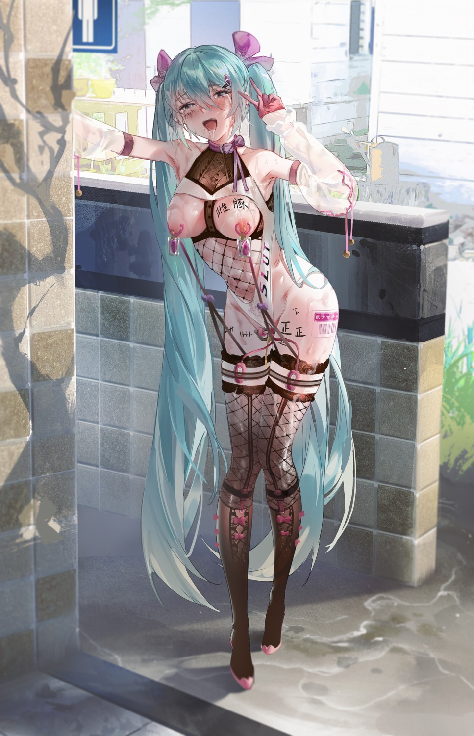 breasts fishnets garter hatsune_miku leotard nipples no_bra thighhighs vibrator vocaloid ying_yi