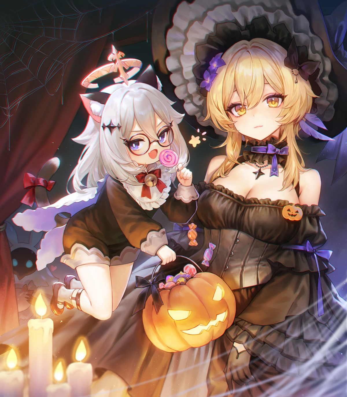 adelie_cat animal_ears cleavage dress genshin_impact gothic_lolita halloween lolita_fashion lumine megane nekomimi paimon tail