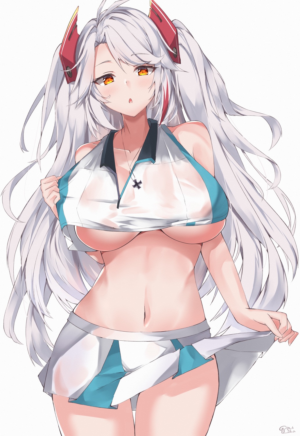 azur_lane bremerton_(azur_lane) cosplay mushpz no_bra prinz_eugen_(azur_lane) see_through skirt_lift wet_clothes