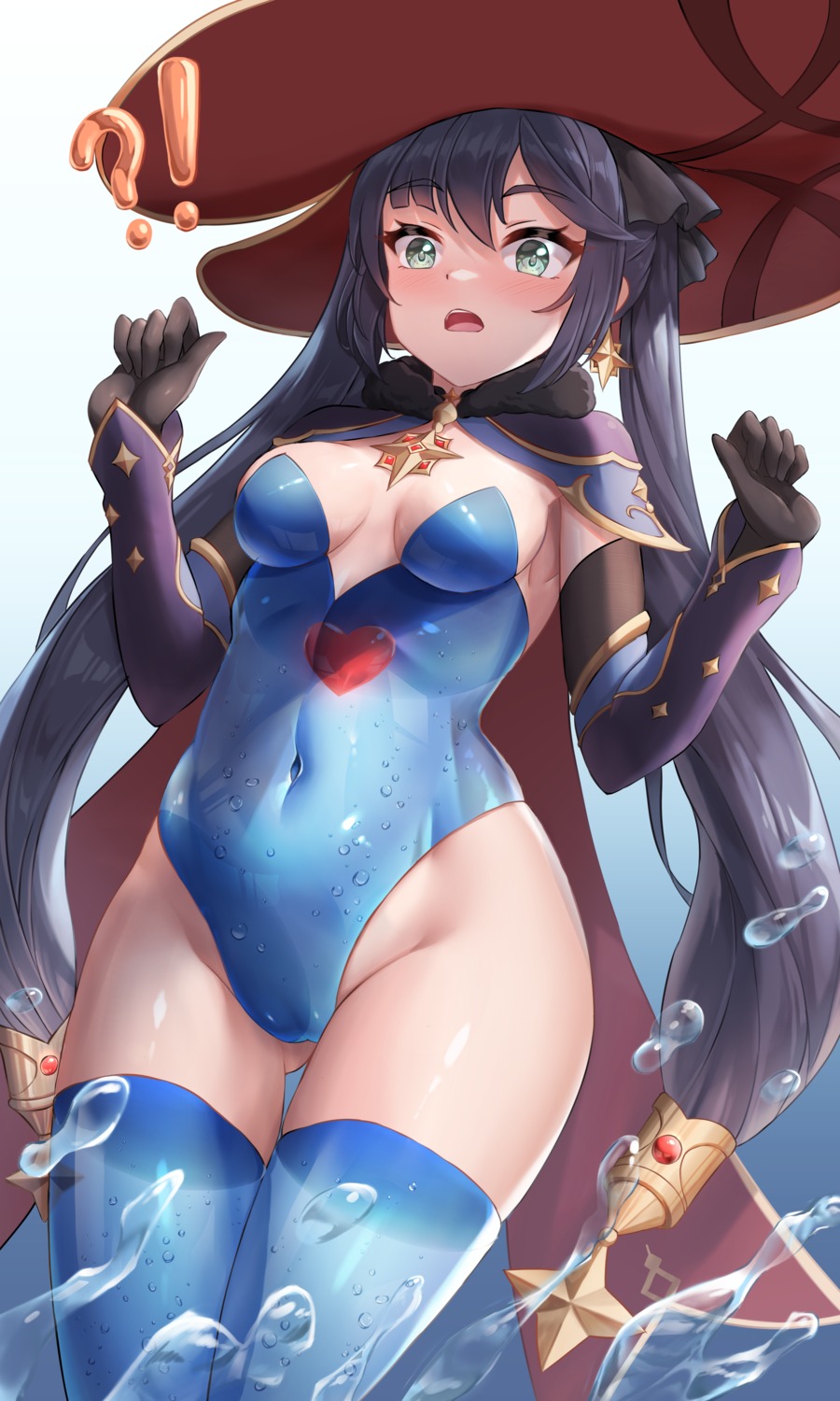 blustar_sky cameltoe genshin_impact leotard mona_megistus no_bra thighhighs wet_clothes witch