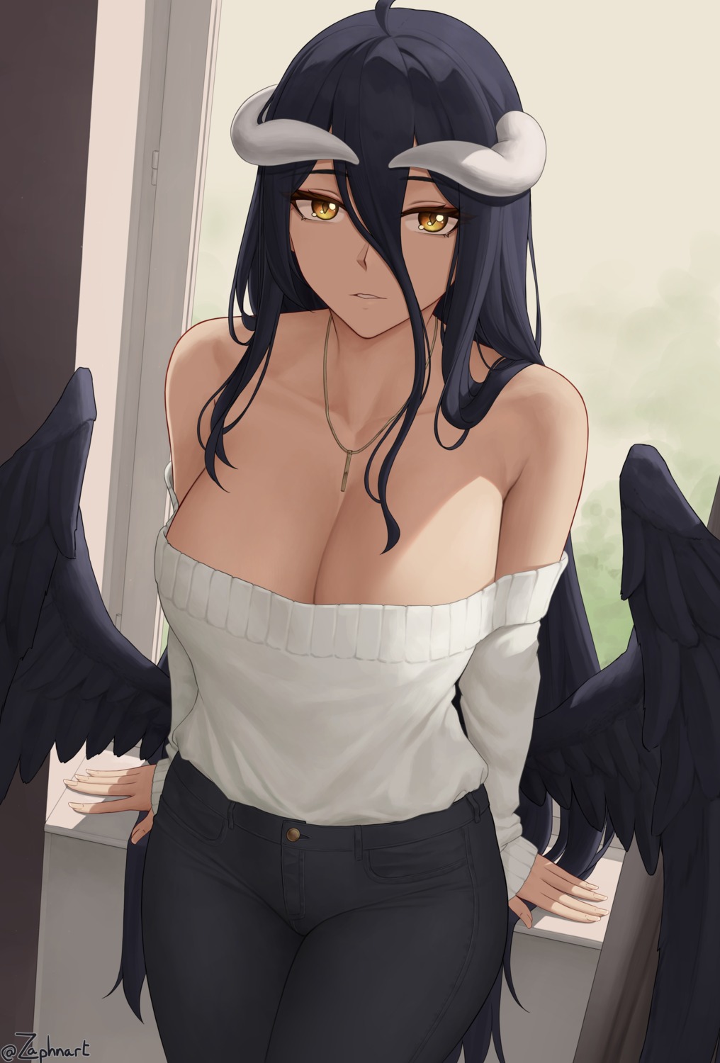 albedo_(overlord) horns no_bra overlord sweater wings zaphn