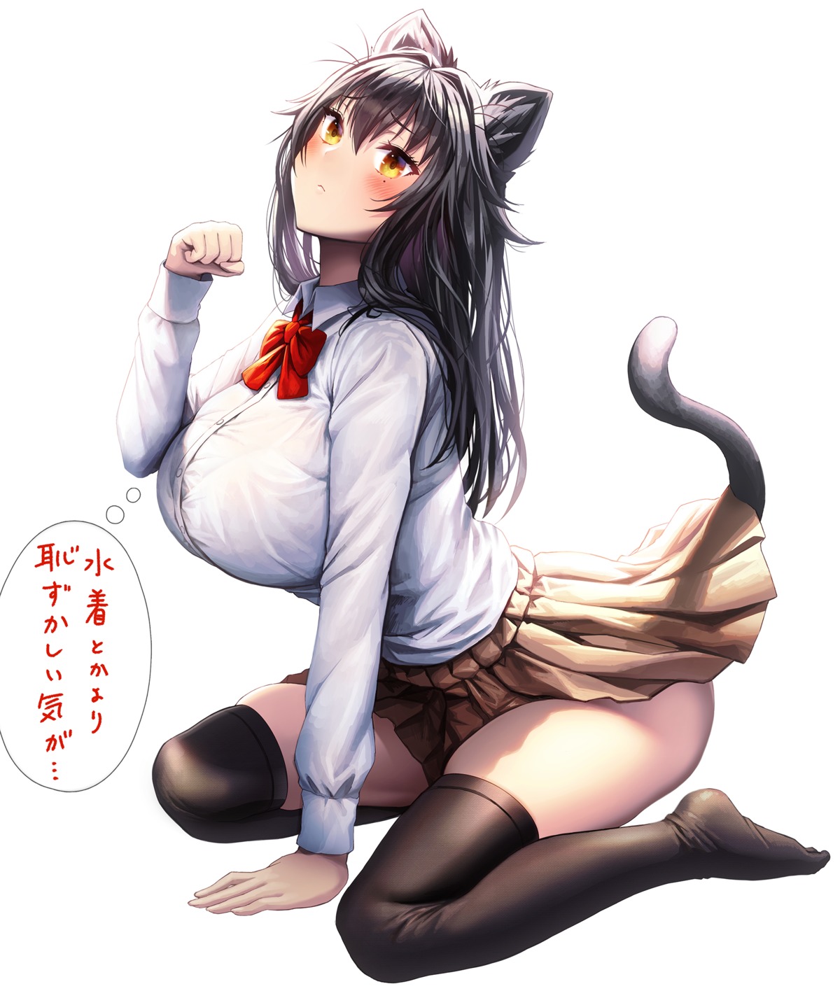 animal_ears gibagiba nekomimi seifuku skirt_lift tail thighhighs