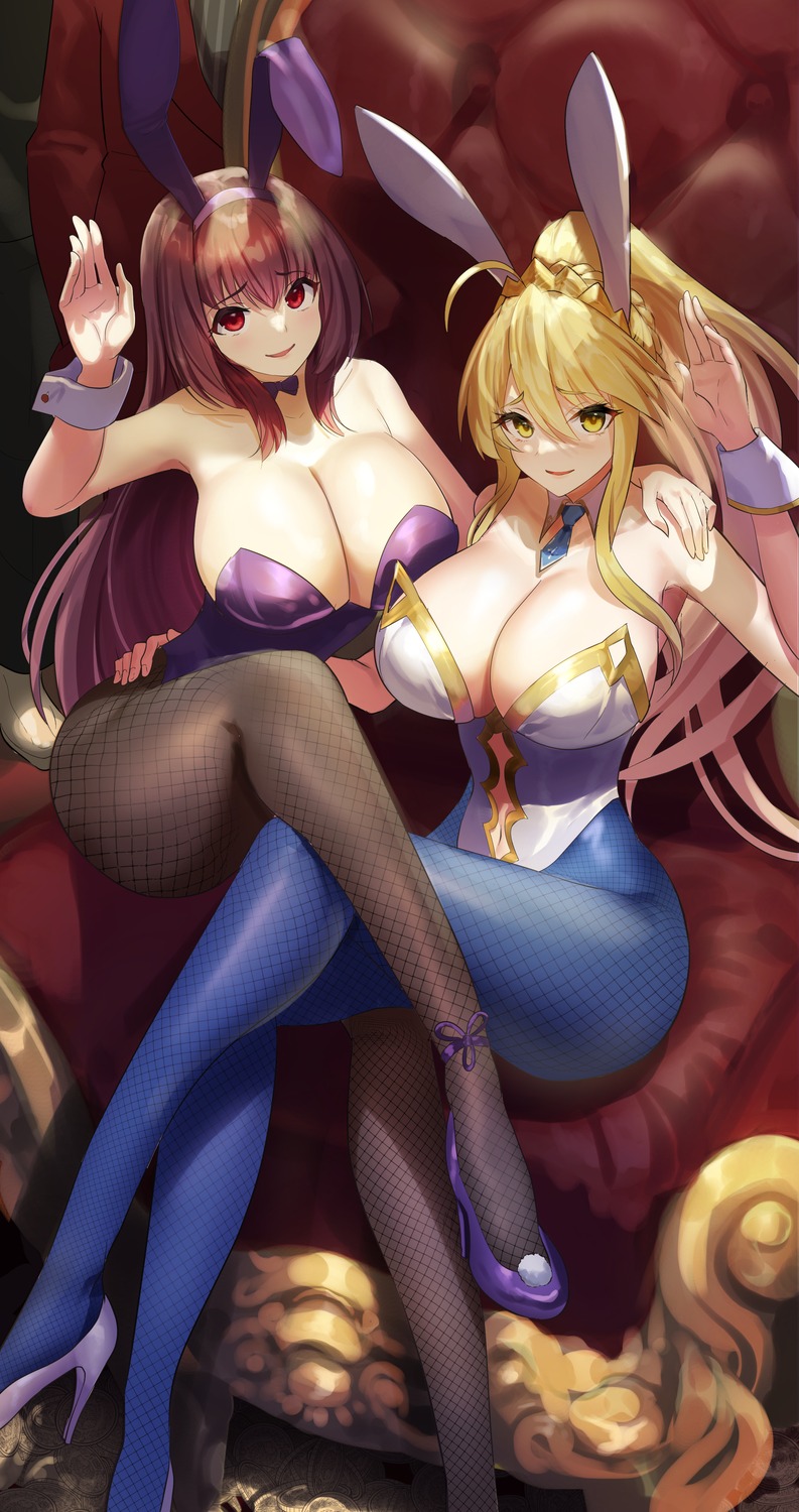 animal_ears artoria_pendragon_(lancer) bunny_ears bunny_girl fate/grand_order fishnets heels muunyan_(yumenekoya) no_bra pantyhose scathach_(fate/grand_order)