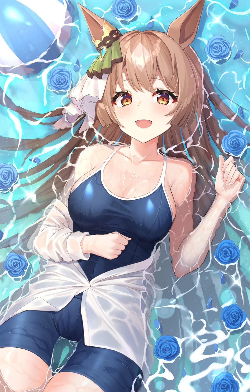 animal_ears artist_revision dress_shirt mutenka_(plfgb) satono_diamond_(umamusume) school_swimsuit see_through swimsuits uma_musume_pretty_derby wet wet_clothes