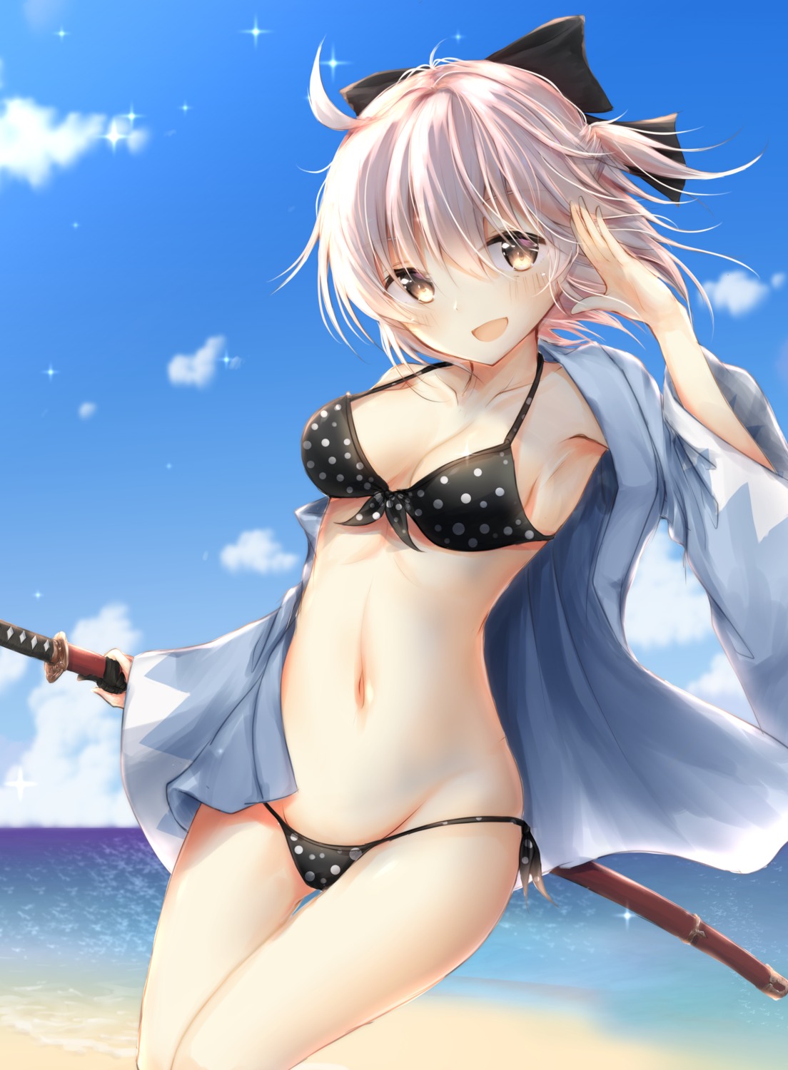 bikini cleavage fate/grand_order okita_souji_(fate) open_shirt swimsuits sword uzuki_tsukuyo
