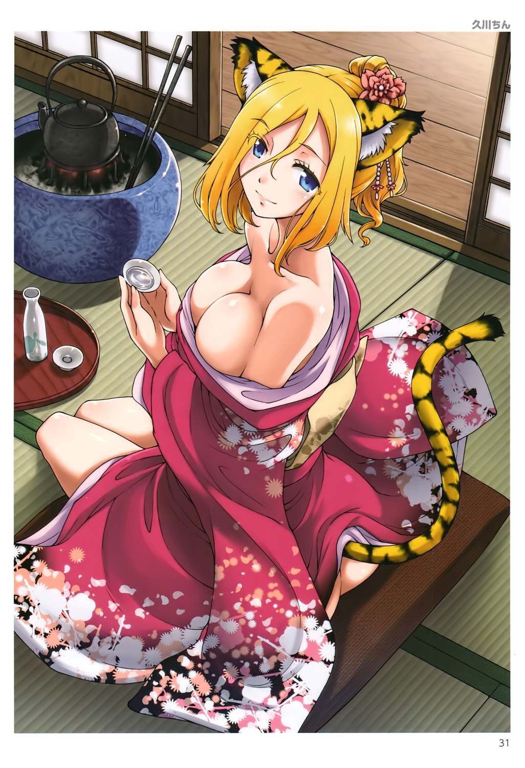 animal_ears ass hisakawa_chin kimono no_bra nopan open_shirt sake tail toranoana