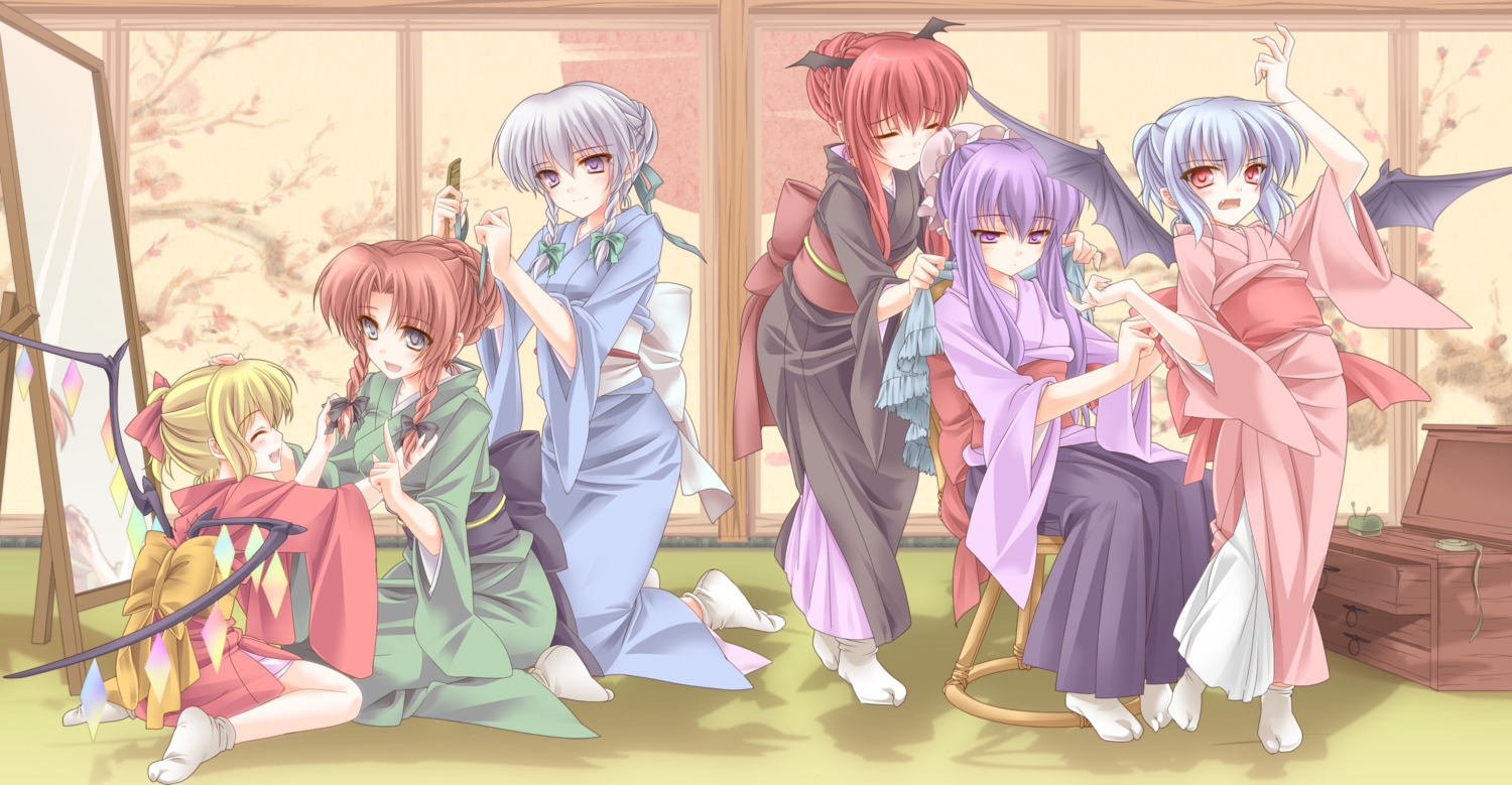 flandre_scarlet hong_meiling izayoi_sakuya kimono koakuma monety patchouli_knowledge remilia_scarlet touhou