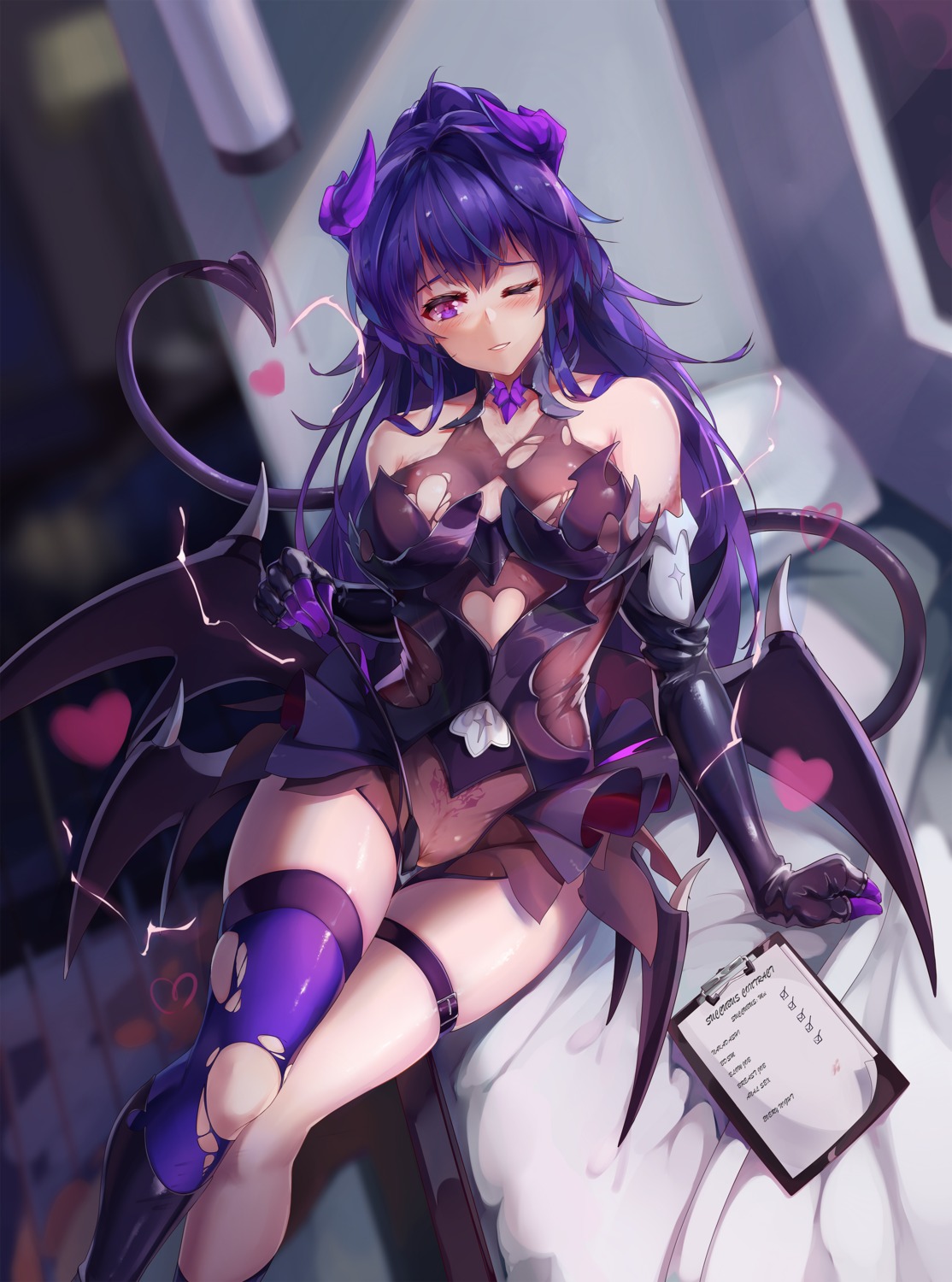 benghuai_xueyuan garter honkai_impact horns no_bra nopan raiden_mei see_through tail tattoo thighhighs torn_clothes wings zombie-andy