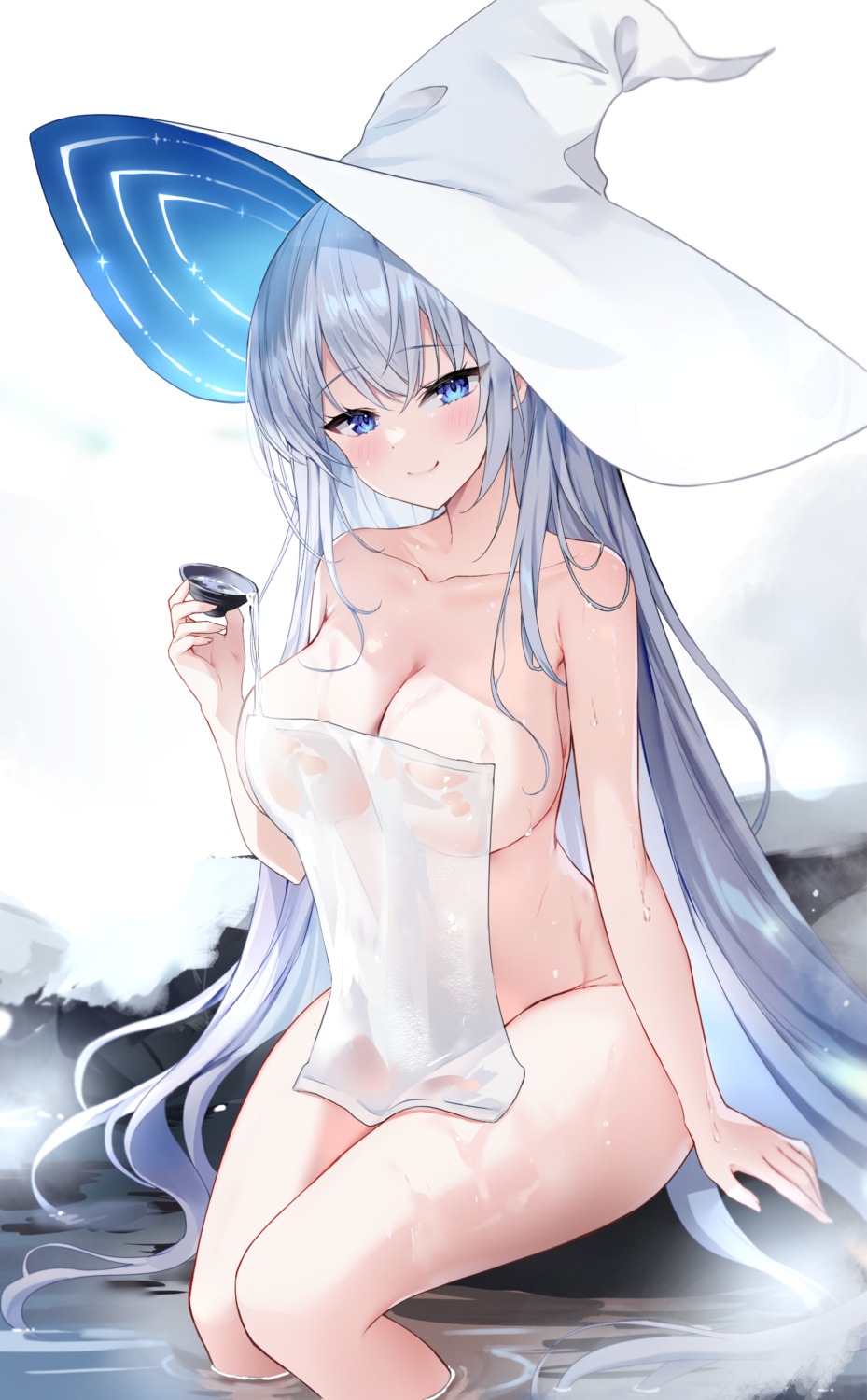 mayo_(miyusa) naked onsen sake towel wet witch