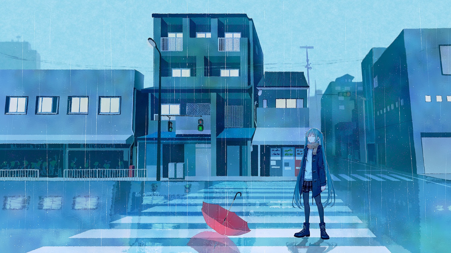 hatsune_miku heels landscape mimengfeixue pantyhose umbrella vocaloid