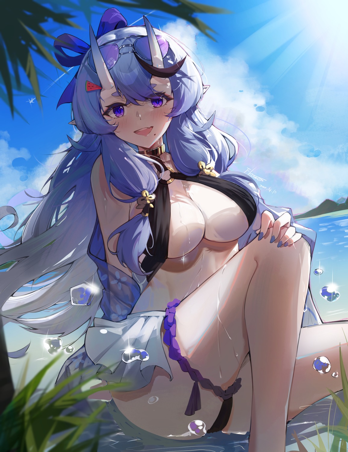 bikini garter horns megane nijisanji nijisanji_seeds pointy_ears rindou_mikoto swimsuits thong wet yamasede_neiko