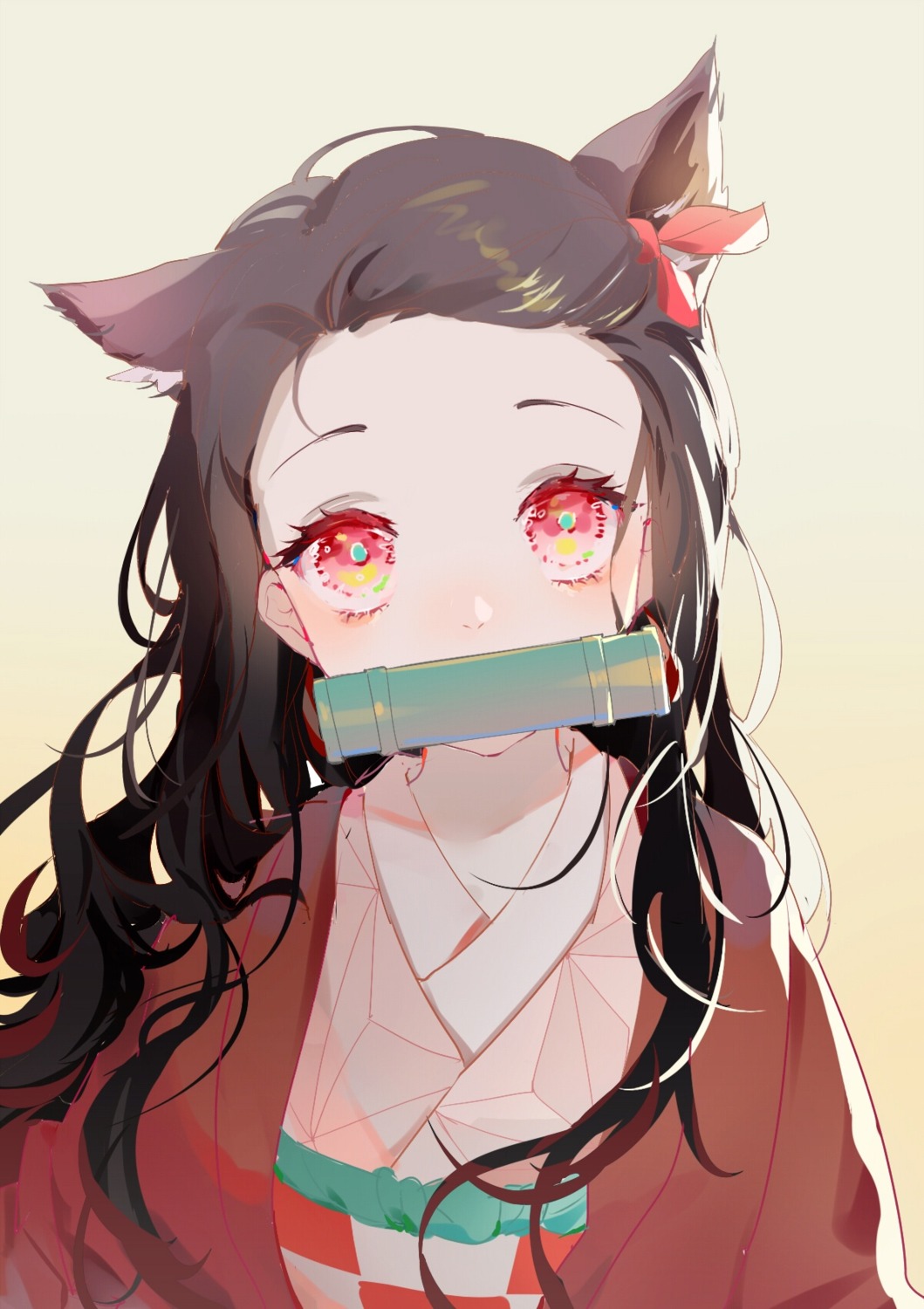 animal_ears japanese_clothes kamado_nezuko kimetsu_no_yaiba whiteshirt