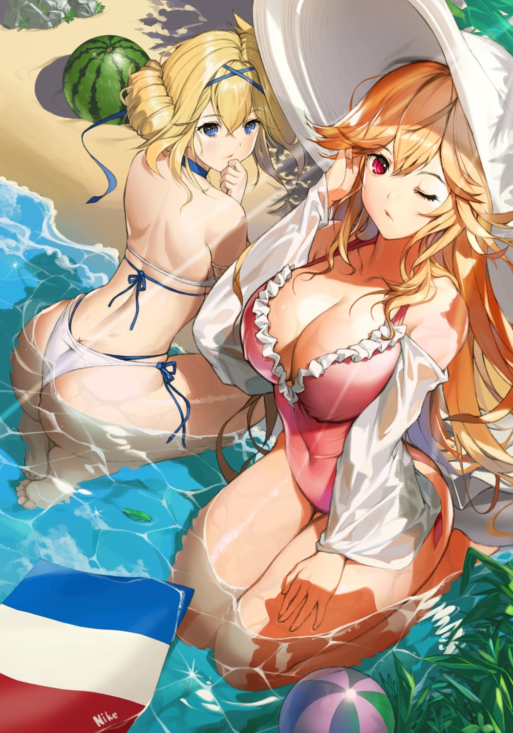 ass azur_lane bikini cleavage jeanne_d'arc_(azur_lane) nike_(nike1060) open_shirt richelieu_(azur_lane) see_through swimsuits thong wet wet_clothes