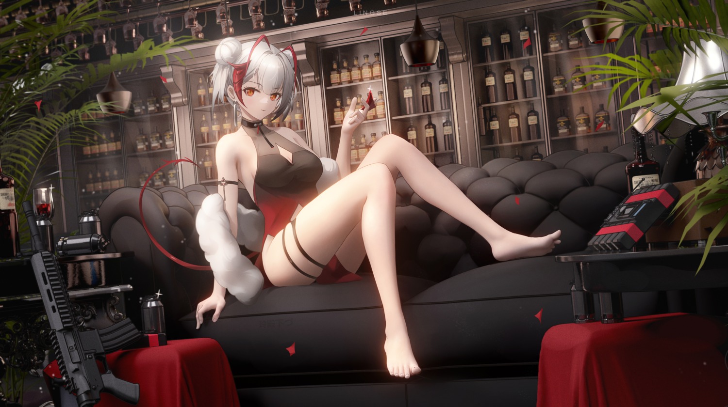 arknights cleavage dress garter horns lingse no_bra pantyhose see_through tail w_(arknights)