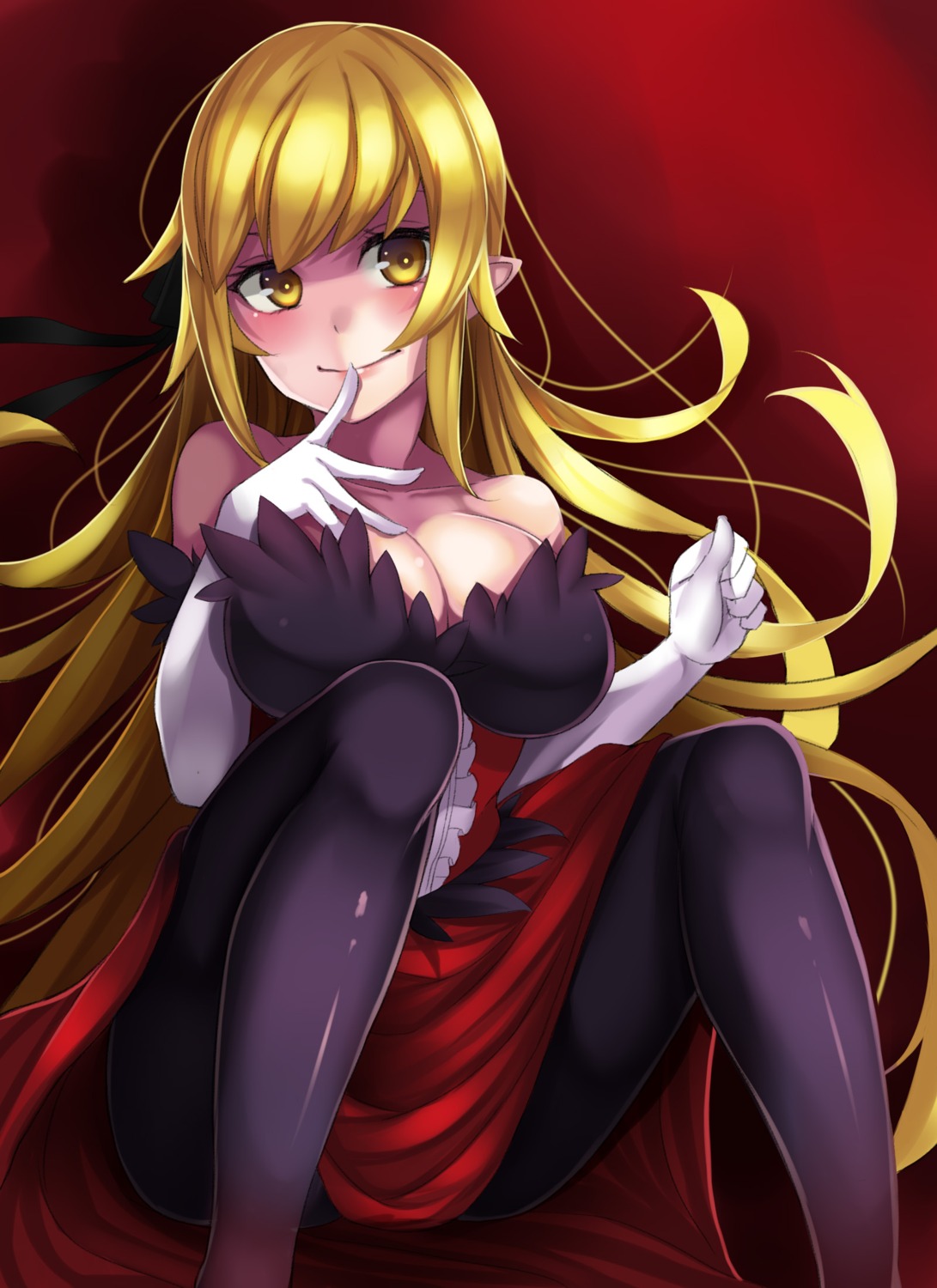 bakemonogatari beeyan cleavage dress kissshot_acerolaorion_heartunderblade monogatari_(series) oshino_shinobu pantyhose pointy_ears