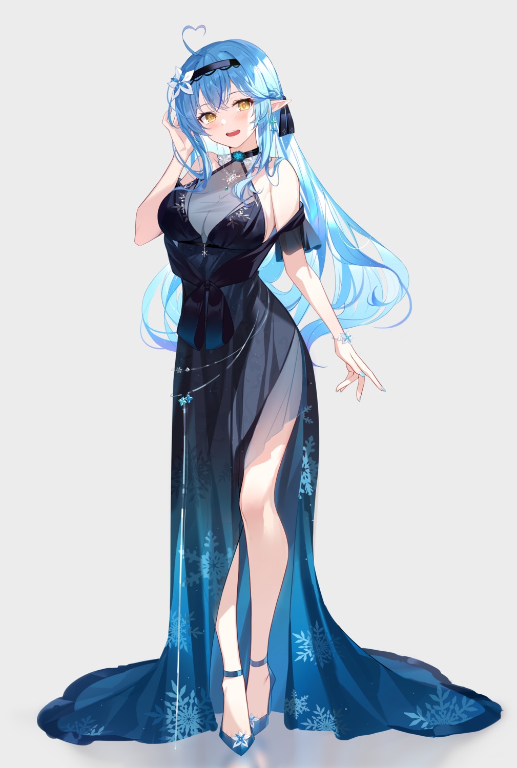 black_fire dress elf heels hololive no_bra pointy_ears see_through yukihana_lamy