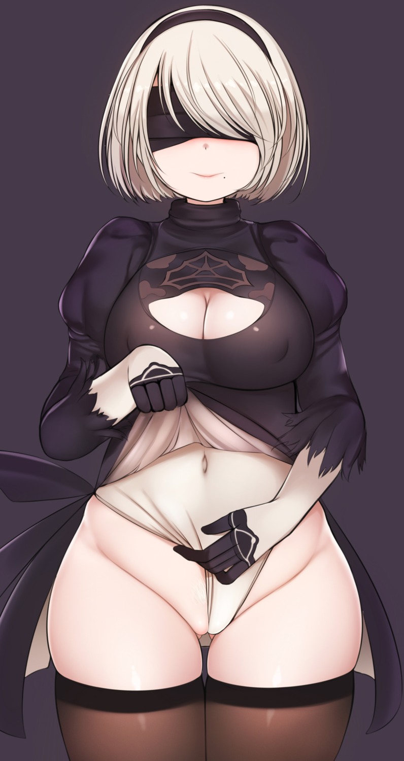 cleavage dress erect_nipples leotard mapar nier_automata nopan skirt_lift thighhighs yorha_no.2_type_b