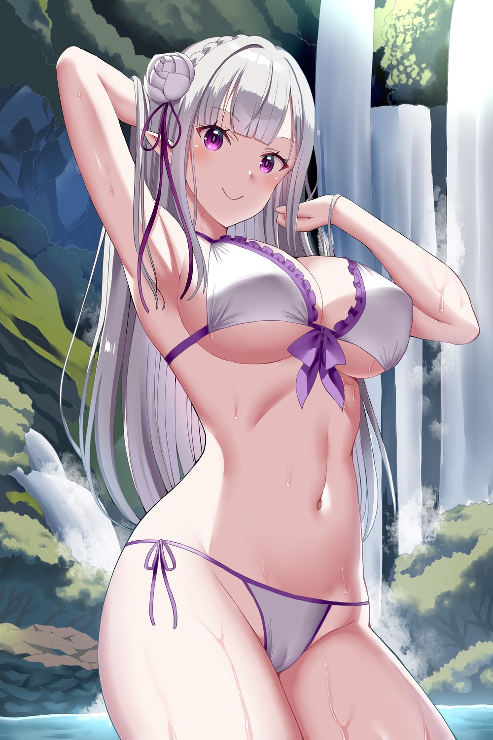 bikini cameltoe elf emilia_(re_zero) erect_nipples gibuchoko pointy_ears re_zero_kara_hajimeru_isekai_seikatsu swimsuits thong