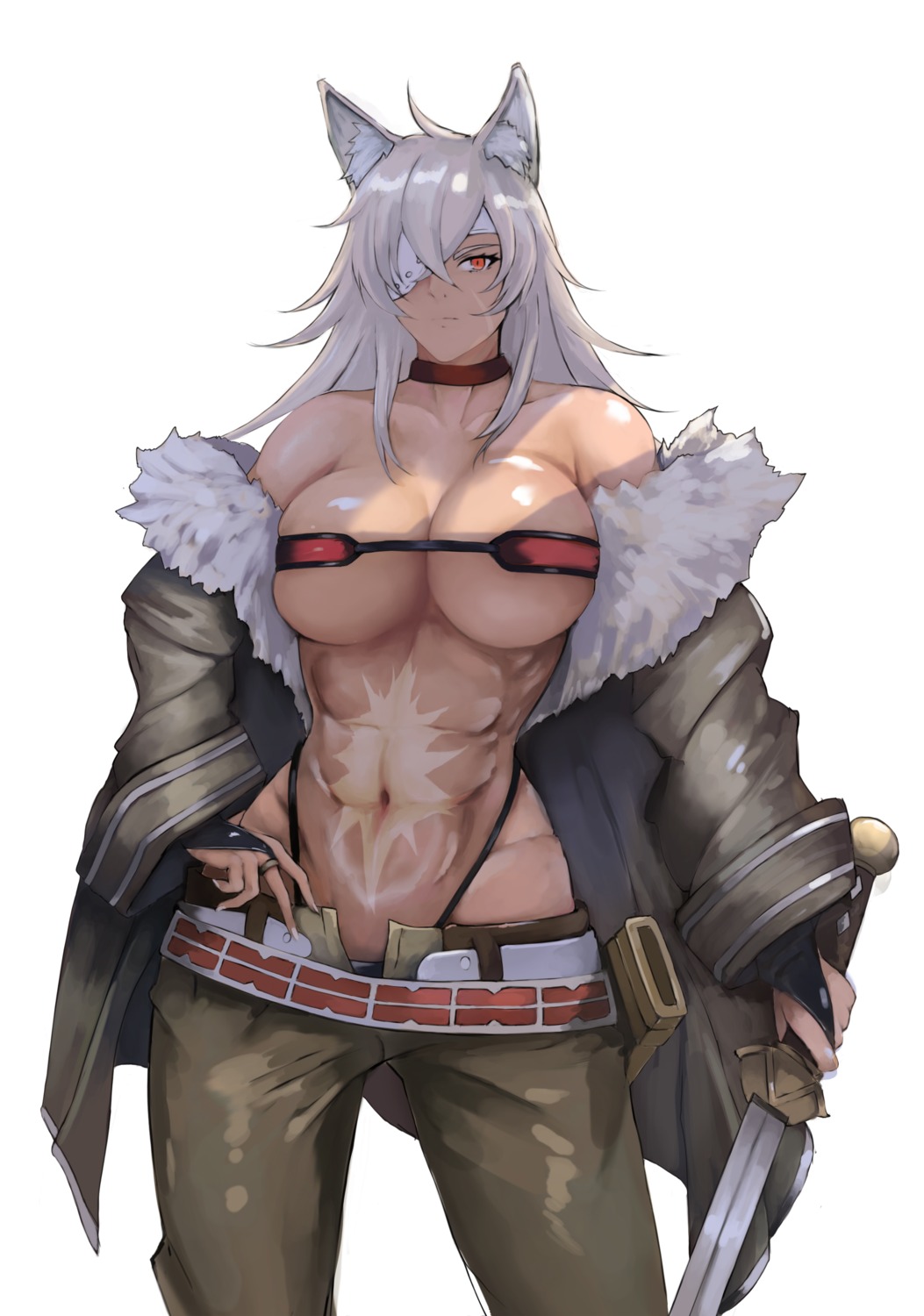 animal_ears eyepatch ghislaine_dedoldia memory342 mushoku_tensei no_bra open_shirt pantsu sword