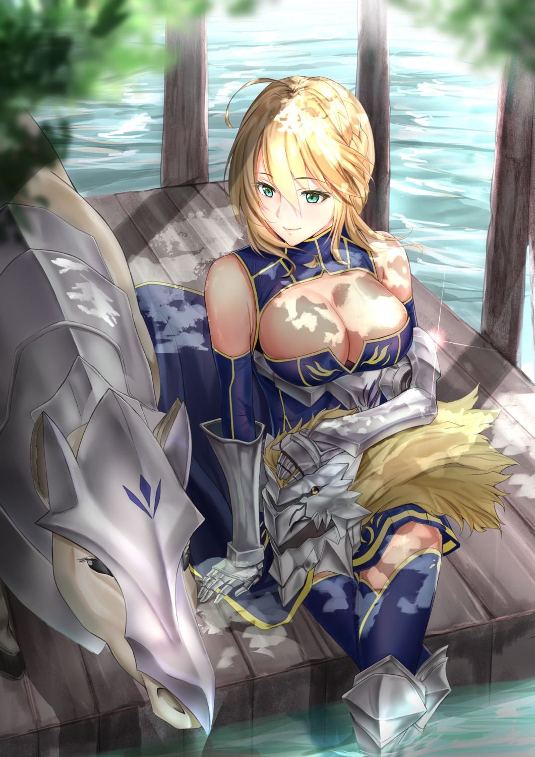 armor artoria_pendragon_(lancer) cleavage fate/grand_order no_bra thighhighs tsukasa wet