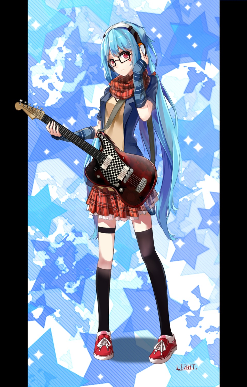 guitar hatsune_miku headphones lightofheaven megane thighhighs vocaloid