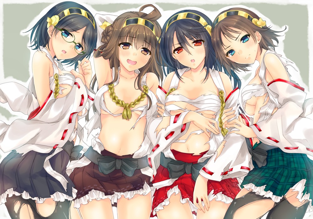 breast_hold haruna_(kancolle) hiei_(kancolle) kantai_collection kirishima_(kancolle) kongou_(kancolle) megane pantyhose sarashi torn_clothes underboob yu_yu