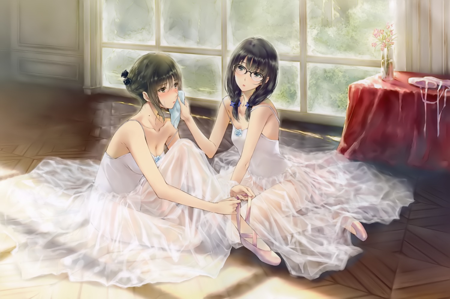 cleavage dress flowers hanabishi_rikka innocent_grey leotard megane see_through sugina_miki takasaki_chidori