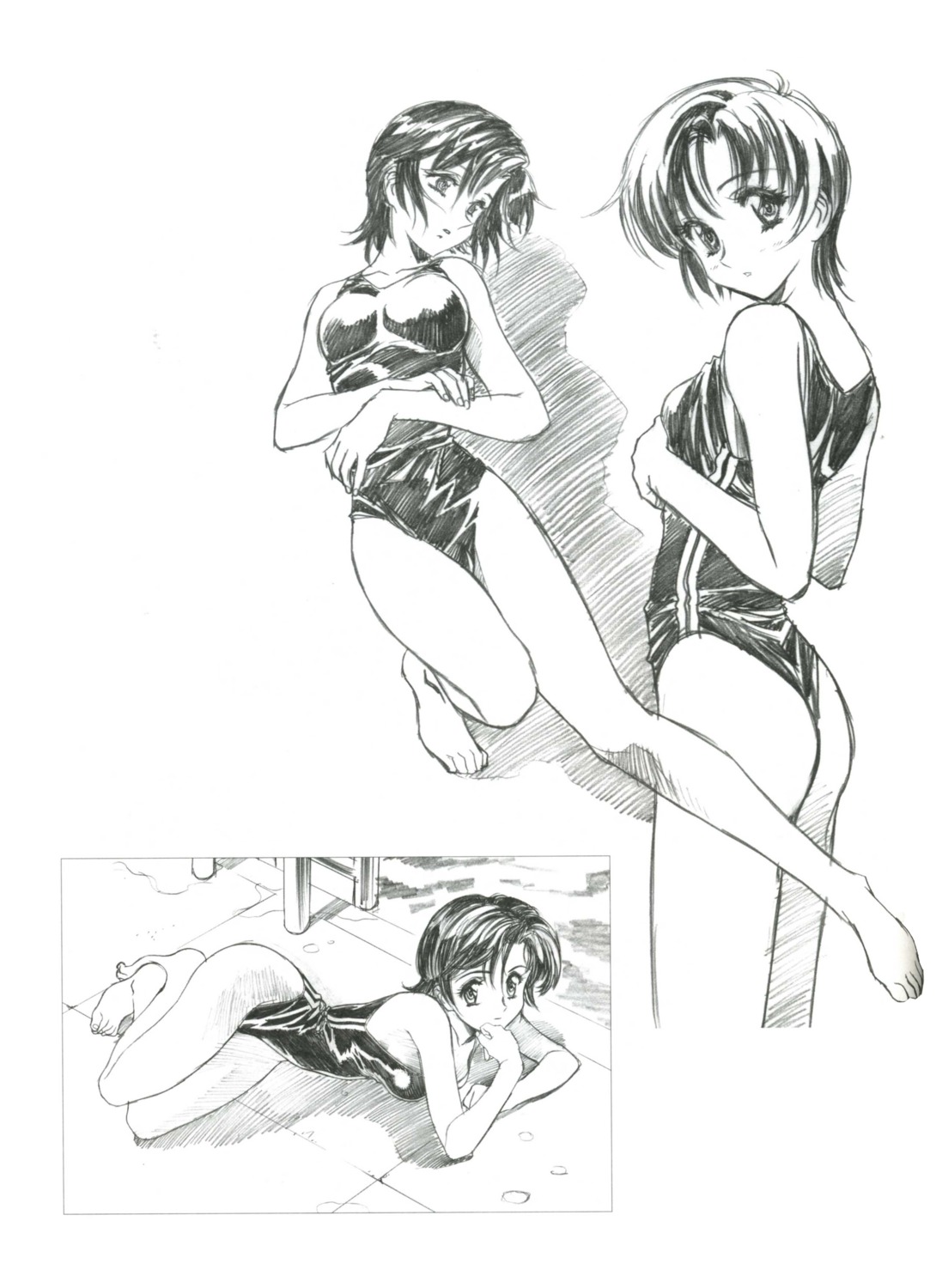 ass character_design kawarajima_koh monochrome swimsuits