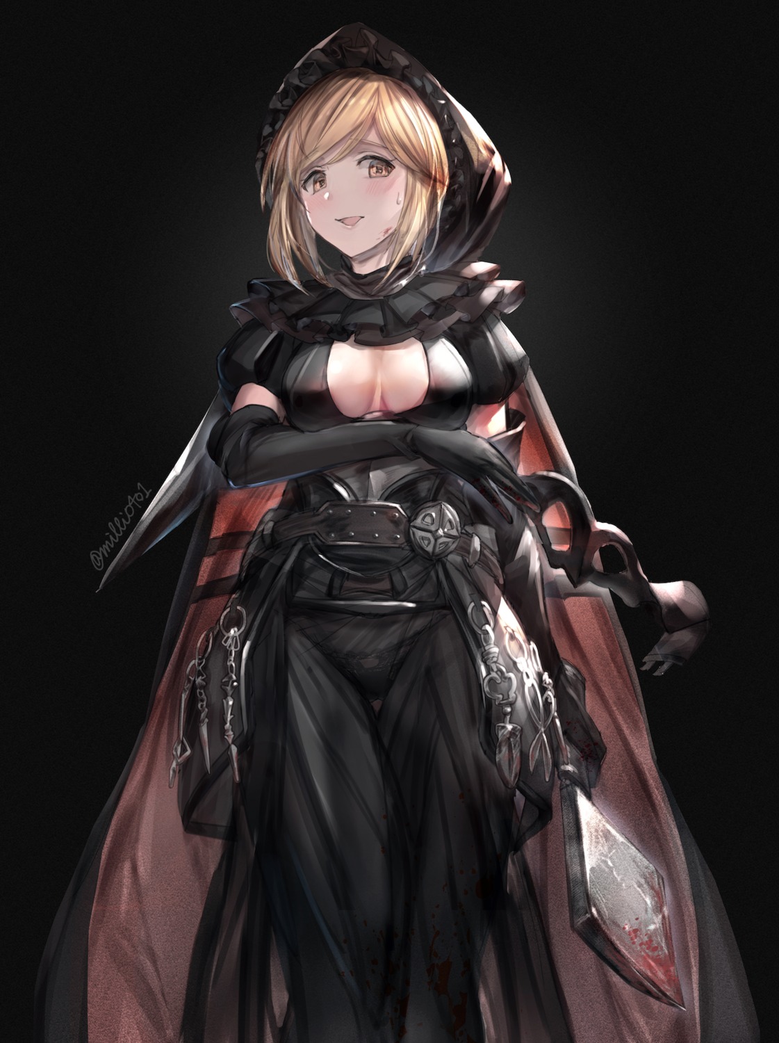 blood breast_hold djeeta_(granblue_fantasy) dress granblue_fantasy milli_little no_bra