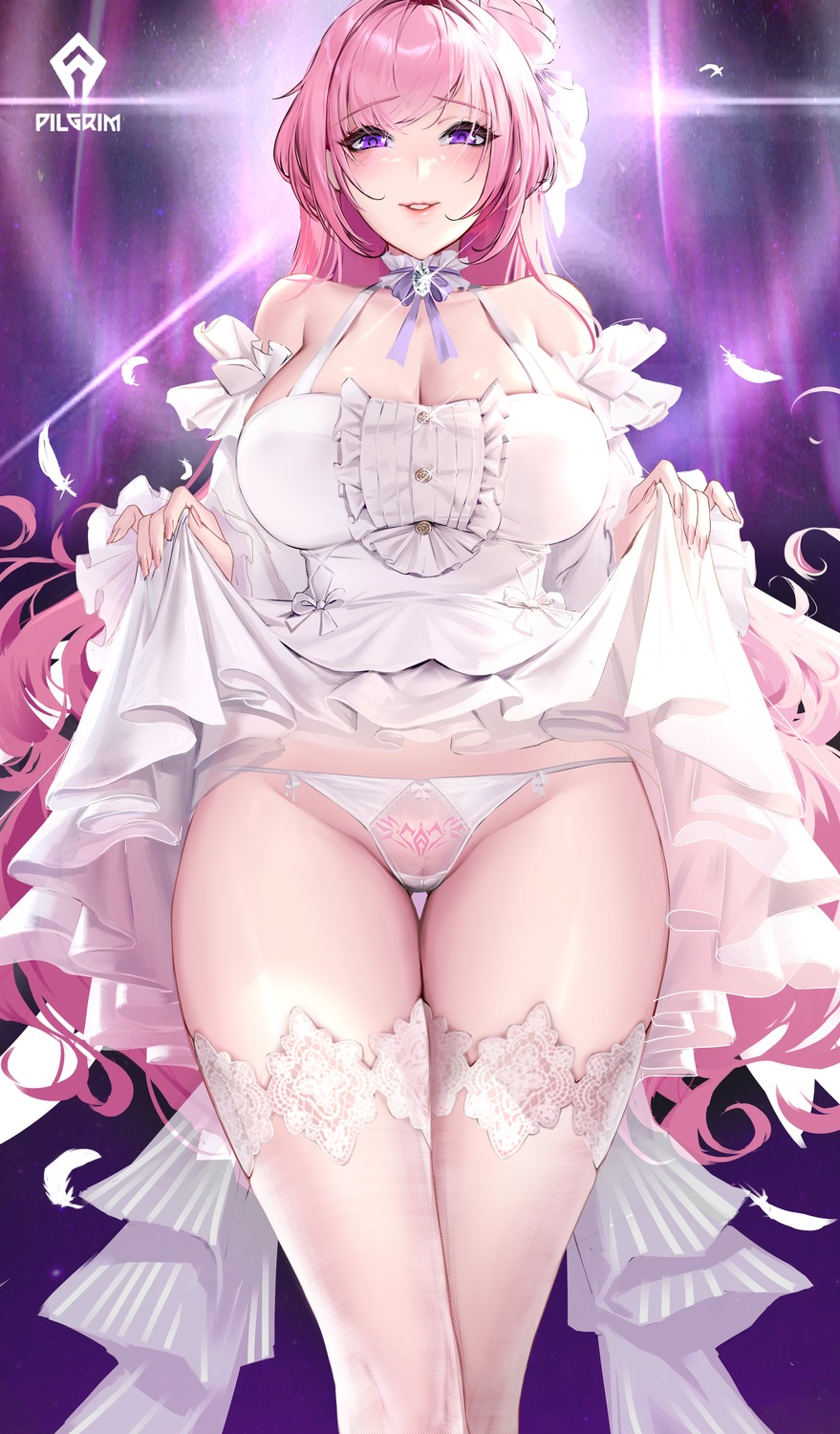 cianyo dorothy_(nikke) goddess_of_victory:_nikke pantsu pussy see_through skirt_lift tattoo thighhighs thong