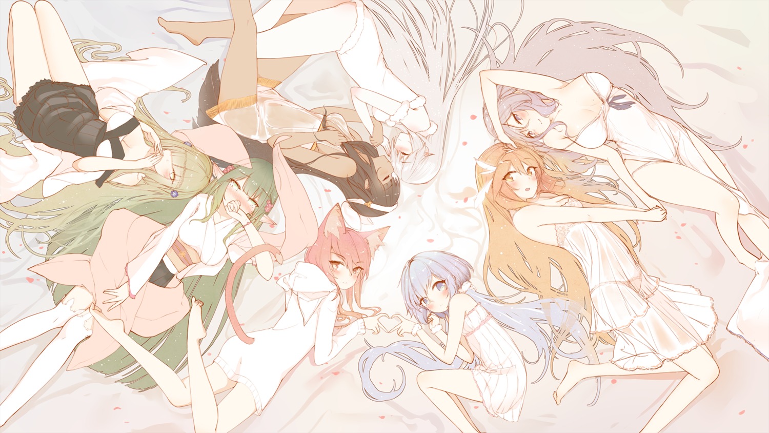 animal_ears breast_hold dress futoshi_ame japanese_clothes lingerie pantsu pointy_ears see_through tail wallpaper