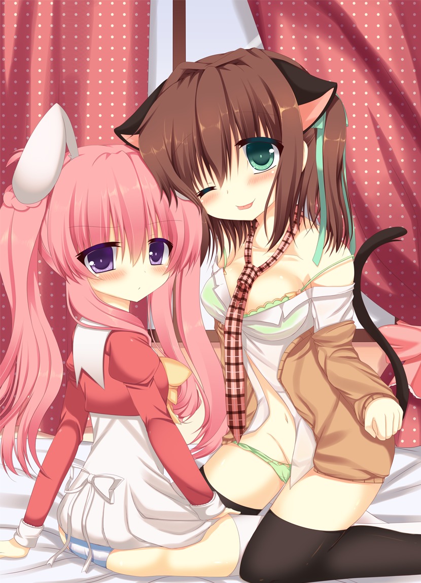 animal_ears bottomless bra bunny_ears bunny_girl nekomimi pantsu suzunone_rena tail yuri