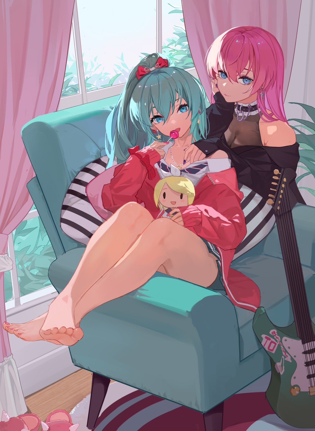 acr feet guitar hatsune_miku megurine_luka see_through skirt_lift vocaloid