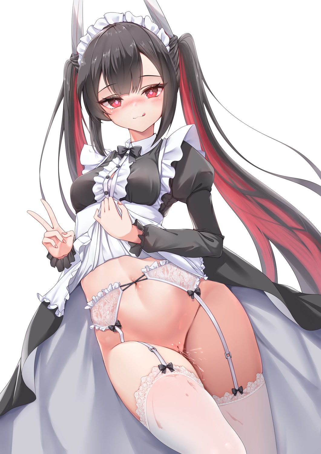 azur_lane bra garter_belt hatsuzuki_(azur_lane) horns maid nopan open_shirt pussy pussy_juice qian_hen skirt_lift stockings thighhighs uncensored