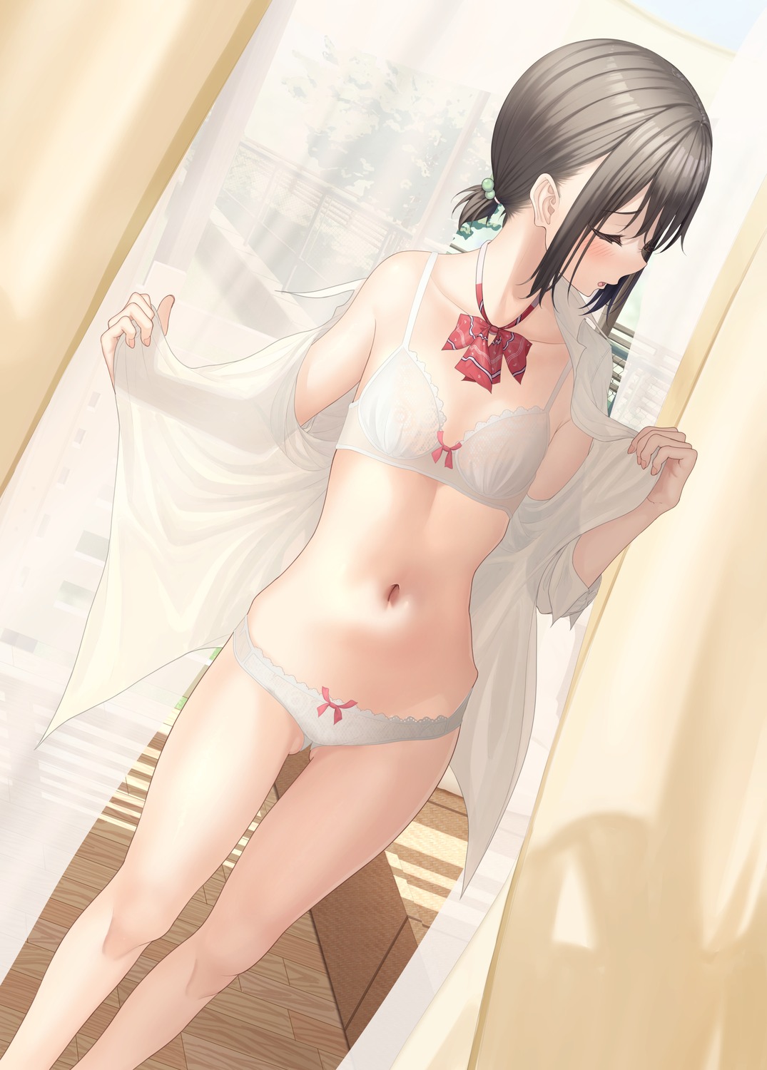 bra lingerie mottsun_(i_40y) nipples open_shirt pantsu see_through seifuku undressing